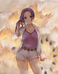 Rule 34 | 1girl, black eyes, blue hair, breasts, camisole, commentary request, contrapposto, cowboy shot, fire, hand in own hair, highres, large breasts, long hair, nefertari vivi, one piece, open clothes, open shirt, pinky out, ponytail, shirt, short shorts, shorts, smile, smoke, solo, tatawan, white shirt, white shorts