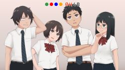 Rule 34 | 2boys, 2girls, arm behind head, arm up, belt, black hair, black neckwear, black pants, bow, bowtie, breast pocket, brown eyes, brown hair, collared shirt, crossed arms, diagonal-striped bow, diagonal-striped bowtie, diagonal-striped clothes, diagonal-striped necktie, glasses, green eyes, grey background, hand on own chin, height difference, long hair, looking up, multiple boys, multiple girls, necktie, open mouth, original, pants, pocket, purple eyes, red bow, red bowtie, shirt, shirt tucked in, short hair, short sleeves, striped bow, striped bowtie, striped clothes, striped neckwear, upper body, white shirt, yajirushi (chanoma)