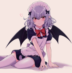Rule 34 | alternate costume, apron, bat wings, blue dress, blue hair, blush, brown background, dress, enmaided, feet out of frame, fingernails, frilled apron, frilled hairband, frilled headband, frilled ribbon, frills, hairband, heart, highres, long fingernails, looking at viewer, maid, maid apron, maid headdress, nupeya, pointy ears, red eyes, red neckwear, remilia scarlet, ribbon, roswaal mansion maid uniform, short hair, simple background, sitting, smile, solo, sweatdrop, thighhighs, touhou, waist apron, white apron, white background, wings, zettai ryouiki