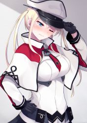 Rule 34 | 10s, 1girl, black gloves, blonde hair, blue eyes, blush, breasts, capelet, female focus, gloves, graf zeppelin (kancolle), hand on own hip, hat, highres, igayan, kantai collection, large breasts, long hair, looking at viewer, military, military hat, military uniform, one eye closed, shirt, skirt, solo, uniform