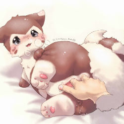 Rule 34 | 1girl, animal ears, animal hands, anus, artist name, ass, black eyes, blush, breath, clitoral stimulation, colored sclera, creatures (company), dated, disembodied hand, feet, female focus, fingering, from behind, full body, furret, furry, furry female, furuya muku, game freak, gen 2 pokemon, grey sclera, jpeg artifacts, looking back, lying, nintendo, on side, open mouth, pokemon, pokemon (creature), pokemon gsc, pussy, pussy juice, signature, simple background, smile, solo, tail, text focus, uncensored, white background