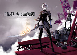 Rule 34 | 1boy, 1girl, black blindfold, black dress, black thighhighs, bleemjay, blindfold, boots, breasts, cloud, crane (machine), dress, gloves, highres, holding, holding sword, holding weapon, long sleeves, looking at another, nier (series), nier:automata, ruins, shadow, short hair, shorts, socks, sword, thighhighs, weapon, white hair, 2b (nier:automata), 9s (nier:automata)