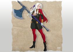 Rule 34 | 1girl, ankle boots, axe, black footwear, blonde hair, boots, cape, character name, commentary request, copyright name, edelgard von hresvelg, fire emblem, fire emblem: three houses, garreg mach monastery uniform, gloves, hair ribbon, high heels, holding, holding axe, long hair, long sleeves, mikoyan, nintendo, pantyhose, parted lips, purple eyes, red cape, red pantyhose, ribbon, simple background, solo, uniform, white gloves