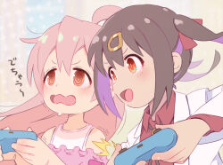 Rule 34 | 2girls, :d, @ @, ahoge, black hair, brown eyes, colored inner hair, commentary request, controller, game controller, hair between eyes, hair ornament, hairclip, highres, holding, holding controller, holding game controller, lab coat, multicolored hair, multiple girls, onii-chan wa oshimai!, open mouth, oyama mahiro, oyama mihari, picogames off, pink hair, purple hair, red shirt, shirt, siblings, sisters, smile, translated, trembling, two-tone hair, wavy mouth