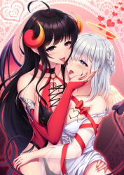Rule 34 | 2girls, after kiss, ahoge, angel, angel and devil, angel wings, arm around waist, bare shoulders, black hair, blue eyes, bound, bow, braid, breasts, bridal gauntlets, candy, chocolate, chocolate heart, chocolate on face, chocolate syrup, cleavage, collarbone, commentary request, demon girl, demon horns, demon tail, demon wings, detached sleeves, fangs, food, food on face, halo, hand on another&#039;s hip, heart, heart-shaped pupils, heart background, highres, horns, jewelry, kurojo ayane, large breasts, long hair, looking at another, looking at viewer, medium hair, multiple girls, nail polish, naughty face, nightgown, o-ring, o-ring top, off shoulder, original, pink background, red bow, red eyes, red nails, red ribbon, ribbon, ribbon bondage, ring, saliva, saliva trail, sidelocks, silver hair, single braid, small breasts, smile, symbol-shaped pupils, tail, tongue, tongue out, upper body, valentine, wings, yuri