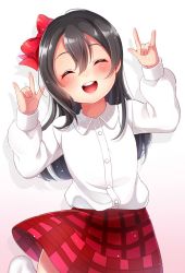 Rule 34 | 10s, 1girl, \m/, ^ ^, bad id, bad twitter id, blush, bow, closed eyes, collared shirt, commentary request, double \m/, closed eyes, hair between eyes, hair bow, hair down, highres, inactive account, long hair, long sleeves, love live!, love live! school idol project, nico nico nii, open mouth, pleated skirt, red bow, red skirt, shirt, shuga (0329tixi), skirt, smile, solo, standing, white shirt, yazawa nico, aged down