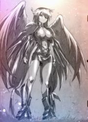 Rule 34 | 1girl, angel, angel wings, armor, astraea (sora no otoshimono), breasts, center opening, chain, cleavage, collar, dress, expressionless, feather hair ornament, feathered wings, feathers, full body, grass, hair ornament, highres, large breasts, long hair, low-tied long hair, monochrome, navel, pencil dress, shoulder armor, solo, sora no otoshimono, standing, very long hair, watanabe yoshihiro, wings