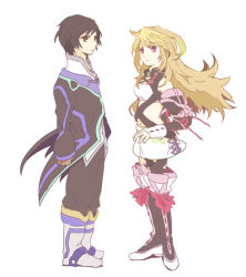 Rule 34 | 1boy, 1girl, bad id, bad pixiv id, black hair, blonde hair, boots, brown eyes, choker, gloves, hacho, jude mathis, knee boots, long hair, milla maxwell, multicolored hair, red eyes, ribbon, short hair, skirt, tales of (series), tales of xillia, white background