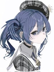 Rule 34 | 1girl, ascot, beret, black choker, blue ascot, blue eyes, blue hair, choker, closed mouth, collared shirt, crown, from side, grey hat, grey jacket, hat, highres, hololive, hoshimachi suisei, hoshimachi suisei (1st costume), jacket, karyln, looking at viewer, plaid, plaid headwear, plaid jacket, shirt, side ponytail, solo, star (symbol), star in eye, symbol in eye, upper body, virtual youtuber, white background, white shirt