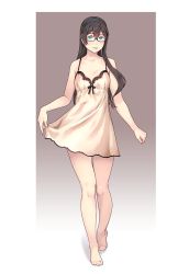 1girl, babydoll, bangs, bare arms, bare legs, bare shoulders, barefoot, black hair, blush, breasts, collarbone, commentary request, dress, dress lift, eyebrows visible through hair, full body, glasses, gradient, gradient background, green eyes, hairband, highres, kantai collection, lifted by self, long hair, looking at viewer, ooyodo (kancolle), parted lips, semi-rimless eyewear, sidelocks, simple background, small breasts, smile, solo, standing, under-rim eyewear, white babydoll, yuuji (and)