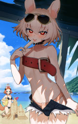 Rule 34 | 1boy, 1girl, absurdres, animal ears, beach, belt, belt buckle, bikini, blush, breasts, bucket, buckle, cloud, collar, day, earrings, eyewear on head, food, gluteal fold, hair between eyes, halo, heart, heart-shaped pupils, highres, holding, holding bucket, holding food, holding ice cream, ice cream, jewelry, looking at viewer, medium breasts, navel, nora (agentpuppyone), open fly, original, outdoors, popsicle, red eyes, saliva, sand, sand castle, sand sculpture, sandals, short hair, short shorts, shorts, sunglasses, swimsuit, symbol-shaped pupils, tail, tongue, tongue out, trap, trowel, whale