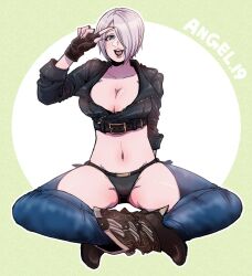 Rule 34 | angel (kof), backless pants, blue eyes, boots, bra, breasts, chaps, cleavage, cowboy boots, crop top, cropped jacket, fingerless gloves, gloves, hair over one eye, hasuda kunkun, jacket, large breasts, leather, leather jacket, looking at viewer, midriff, pants, short hair, snk, strapless, strapless bra, the king of fighters, the king of fighters xiv, toned, underwear, white hair