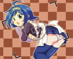 Rule 34 | 10s, 1boy, ahoge, ass, bent over, blue eyes, blue hair, blue thighhighs, blush, bow, cardfight!! vanguard, crossdressing, hairband, looking back, maid, male focus, matching hair/eyes, open mouth, panties, sendou aichi, skirt, solo, thighhighs, trap, underwear, white panties