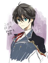 Rule 34 | 10s, 1boy, bad id, bad twitter id, black hair, blue eyes, dated, earrings, horikawa kunihiro, jewelry, kyouta (a01891226), looking at viewer, male focus, military, military uniform, short hair, signature, simple background, sketch, solo, touken ranbu, uniform, upper body, white background