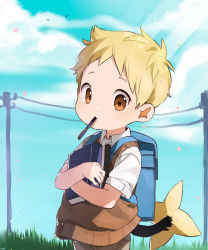 Rule 34 | 1boy, alternate color, backpack, bag, blonde hair, book, hugging book, collared shirt, cowboy shot, creatures (company), day, dress shirt, game freak, gen 4 pokemon, highres, holding, holding book, hugging object, looking at viewer, male focus, mouth hold, nemui (nemuriyagi), nintendo, orange eyes, outdoors, pen, pokemon, pokemon (creature), shinx, shiny pokemon, shirt, short sleeves, sky, solo, sunlight, sweater vest, tail, white shirt