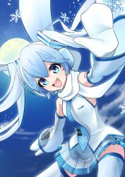 Rule 34 | 1girl, bare shoulders, blue background, blue hair, blue necktie, commentary, cowboy shot, cropped, detached sleeves, earmuffs, floating hair, foreshortening, full moon, grey skirt, grey sleeves, grey thighhighs, hair ornament, hatsune miku, headset, highres, kinosuke (pattaba), light blue hair, long hair, looking at viewer, miniskirt, mittens, moon, necktie, night, night sky, open mouth, outstretched arms, piano print, pleated skirt, scarf, shirt, shoulder tattoo, skirt, sky, sleeveless, sleeveless shirt, smile, snowflake print, snowflakes, solo, tattoo, thighhighs, twintails, very long hair, vocaloid, white mittens, white scarf, white shirt, yuki miku, yuki miku (2011)