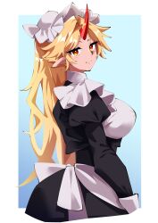 Rule 34 | 1girl, absurdres, alternate costume, apron, black dress, blonde hair, blue background, border, commentary request, cropped legs, dress, enmaided, fugaku (miko no miyatsuguchi), happy, hat, highres, horns, hoshiguma yuugi, juliet sleeves, long hair, long sleeves, looking at viewer, maid, maid apron, maid day, mob cap, pointy ears, puffy sleeves, red horns, single horn, smile, solo, touhou, underbust, very long hair, waist apron, white border, white hat, yellow eyes