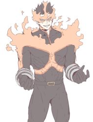 Rule 34 | 1boy, aged down, alternate design, beard, blue eyes, bodysuit, boku no hero academia, deavor lover, endeavor (boku no hero academia), facial hair, fire, large pectorals, male focus, muscular, pectorals, skin tight, smile, solo, spiked hair, upper body, white background
