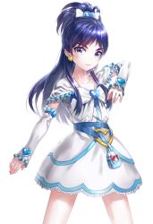 Rule 34 | 00s, 1girl, arm warmers, bad id, bad pixiv id, blue eyes, blue hair, brooch, cure white, detached sleeves, dress, earrings, eyelashes, fighting stance, futari wa precure, hair ornament, hair ribbon, half updo, heart, heart brooch, jewelry, kfr, long hair, looking at viewer, magical girl, matching hair/eyes, precure, ribbon, serious, simple background, solo, standing, white background, white dress, yukishiro honoka