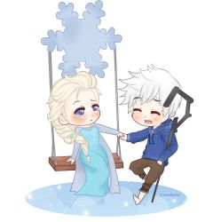 Rule 34 | blue eyes, chibi, crossover, crying, elsa (frozen), frozen (disney), holding hands, jack frost (rise of the guardians), rise of the guardians, smile, snowflakes, staff, swing, tears, white hair
