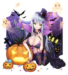 Rule 34 | 1girl, animal, ankkoyom, bat (animal), black cat, blunt bangs, blush, bracelet, breasts, candy, cape, cat, cleavage, earrings, facial mark, fangs, food, full moon, garter straps, gem, ghost, girls&#039; frontline, green eyes, hair ornament, halloween, hat, highres, hk416 (girls&#039; frontline), jack-o&#039;-lantern, jewelry, large breasts, lollipop, long hair, mini hat, moon, nail polish, necklace, open mouth, silver hair, solo, sparkle, star (sky), teardrop, thighhighs, tombstone, top hat