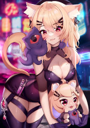 Rule 34 | 1girl, :3, animal ear fluff, animal ears, bare shoulders, black thighhighs, blonde hair, breasts, cat ears, cat tail, character doll, cleavage, commentary, cowboy shot, facial mark, gloves, hair ornament, hairclip, highres, large breasts, long hair, looking at viewer, purple gloves, red eyes, shyrei faolan, smile, solo, squchan, standing, tail, thighhighs, thighs, virtual youtuber, vyugen, whisker markings