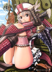 Rule 34 | 1girl, :o, against wall, armor, ass, belt, blue eyes, boots, capcom, cloud, day, dual wielding, embarrassed, gloves, hat, highres, holding, knee boots, legs up, looking at viewer, monster hunter, monster hunter (series), monster hunter frontier, outdoors, panties, pantyshot, pleated skirt, pouch, red legwear, rioduo (armor), rock, scales, short hair, silver hair, sitting, skirt, sky, solo, surprised, sword, thigh strap, underwear, upskirt, v-mag, weapon, white panties, yama tsukami