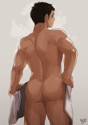 Rule 34 | 10s, 1boy, 8 (yamalu), ass, back, black hair, closed mouth, contrapposto, covering privates, from behind, grey eyes, haikyuu!!, highres, male focus, muscular, naked towel, nude, nude cover, sawamura daichi, short hair, signature, simple background, solo, standing, thighs, towel