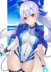 1girl blue_jacket blue_one-piece_swimsuit blush bow breasts competition_swimsuit dual_wielding energy_sword fate/grand_order fate_(series) highleg highleg_one-piece_swimsuit holding jacket kyoeiki large_breasts mitsudomoe_(shape) multicolored_swimsuit one-piece_swimsuit ponytail red_bow short_sleeves silver_hair swimsuit sword tomoe_(symbol) tomoe_gozen_(fate) tomoe_gozen_(swimsuit_saber)_(fate) two-tone_swimsuit weapon white_one-piece_swimsuit