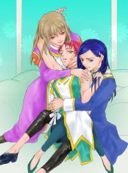 Rule 34 | 00s, 3girls, blue hair, brown hair, grabbing another&#039;s hair, hand on another&#039;s face, holding, hug, hug from behind, juliet nao zhang, meister otome uniform, multiple girls, my-otome, natsuki kruger, own hands clasped, own hands together, red hair, sanbanti, shizuru viola, sitting, yuri