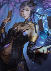 Rule 34 | 1girl, astrologian (final fantasy), au ra, blue eyes, blurry, blurry background, breasts, card, commission, detached sleeves, dragon horns, dutch angle, final fantasy, final fantasy xiv, forest, heterochromia, highres, holding, holding card, horns, jewelry, lips, looking at viewer, medium breasts, nature, navel, nibelart, pendant choker, pink eyes, pink hair, ring, scales, short hair, solo, warrior of light (ff14)