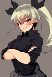 Rule 34 | 10s, 1girl, anchovy (girls und panzer), anchovy (girls und panzer), black ribbon, black shirt, dress shirt, drill hair, girls und panzer, green hair, grey background, grey pants, grin, hair ribbon, long hair, long sleeves, looking at viewer, military, military uniform, mityubi, pants, red eyes, ribbon, shirt, simple background, sleeves rolled up, smile, solo, standing, twin drills, twintails, uniform, upper body