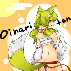 Rule 34 | 1girl, animal ears, ass, back, blonde hair, blush, budget sarashi, butt crack, character name, copyright request, detached sleeves, fox ears, fox tail, from behind, fundoshi, japanese clothes, long hair, looking back, oinari-tan, red eyes, rope, sarashi, shimenawa, sideways mouth, sleeves past wrists, solo, tail, thong, twintails, wide sleeves, yukko don, yunodon (sugar maple)