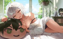 Rule 34 | 1girl, bare shoulders, black panties, blush, breasts, cleavage, collarbone, collared shirt, day, fang, hair ornament, highres, indoors, large breasts, long sleeves, looking at viewer, nakar34ra, off shoulder, on bed, original, panties, plant, shirt, short hair, smile, solo, strap slip, underwear, white hair, white shirt, yellow eyes
