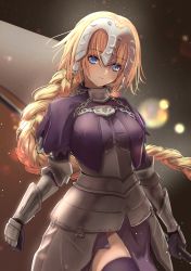 Rule 34 | 1girl, absurdres, aomaru (shta-chu-jisuiai), armor, armored dress, blonde hair, blue eyes, blush, braid, braided ponytail, breasts, chain, collar, fate/apocrypha, fate (series), faulds, gauntlets, headpiece, highres, jeanne d&#039;arc (fate), jeanne d&#039;arc (ruler) (fate), large breasts, long hair, looking at viewer, metal collar, plackart, resolution mismatch, solo, source smaller, thighhighs, thighs, very long hair