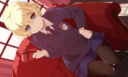 Rule 34 | 1girl, black necktie, black pantyhose, blonde hair, blue eyes, blue skirt, blue sweater, braid, closed mouth, commentary, couch, darjeeling (girls und panzer), dress shirt, dutch angle, emblem, gift, girls und panzer, hand on own hip, heart, highres, holding, holding gift, indoors, long sleeves, looking at viewer, miniskirt, necktie, on couch, pantyhose, pleated skirt, school uniform, shikei, shirt, short hair, sitting, skirt, smile, solo, st. gloriana&#039;s (emblem), st. gloriana&#039;s school uniform, sweater, twin braids, v-neck, white shirt, window, wing collar