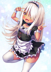 Rule 34 | 1girl, absurdres, apron, asa no ha (awayuki), black dress, choker, double v, dress, fang, frilled apron, frilled choker, frilled dress, frills, garter straps, hair over one eye, highres, long hair, looking at viewer, maid, maid headdress, open mouth, original, puffy short sleeves, puffy sleeves, short sleeves, solo, standing, standing on one leg, thighhighs, v, white hair, white thighhighs, yellow eyes
