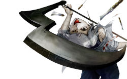 Rule 34 | 1boy, bare shoulders, black eyes, cross, fingernails, grey hair, hair ornament, holding, holding scythe, holding weapon, knife, male focus, needle, polka dot, scythe, simple background, sleeves rolled up, smile, solo, stitches, suzuya juuzou, teeth, tokyo ghoul, tongue, tongue out, upper teeth only, upside-down, uruo, weapon, white background, x hair ornament