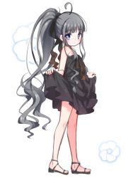 Rule 34 | 1girl, ahoge, bare arms, bare shoulders, black bow, black dress, black footwear, blue eyes, blunt bangs, blush, bow, character request, child, closed mouth, clothes lift, commentary request, dress, floral background, full body, grey hair, hair bow, high ponytail, long hair, looking at viewer, looking to the side, namazuo toushirou, one-hour drawing challenge, ponytail, sandals, shouji ayumu, sidelocks, simple background, skirt, skirt hold, skirt lift, sleeveless, sleeveless dress, smile, solo, standing, tenka hyakken, very long hair, white background