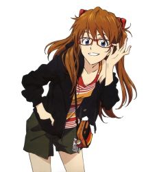 Rule 34 | 1girl, adjusting eyewear, bag, bag charm, bare shoulders, bespectacled, blue eyes, breasts, brown hair, casual, charm (object), collarbone, cowboy shot, glasses, grin, hair ornament, hair over shoulder, hand in pocket, hand up, handbag, hiramatsu tadashi, hood, hood down, hoodie, jins, leaning forward, legs apart, long hair, long sleeves, looking at viewer, neon genesis evangelion, off shoulder, official art, open clothes, open hoodie, orange hair, red-framed eyewear, shorts, simple background, small breasts, smile, solo, souryuu asuka langley, standing, striped, tank top, two side up, unzipped, white background, zipper