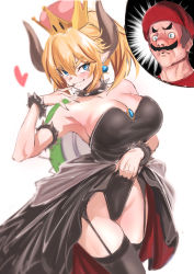 Rule 34 | 1boy, 1girl, absurdres, armlet, bare shoulders, black dress, black thighhighs, blonde hair, blue eyes, blush, bowsette, bracelet, breasts, brooch, brown hair, cleavage, clothes lift, collar, crown, dress, dress lift, earrings, facial hair, garter belt, garter straps, grin, hat, heart, highres, hip focus, horns, jewelry, large breasts, leotard, mario, mario (series), mustache, new super mario bros. u deluxe, nintendo, pointy ears, ponytail, red hat, simple background, smile, spiked bracelet, spiked collar, spikes, super crown, thighhighs, thighs, turtle shell, ulrich (tagaragakuin), white background