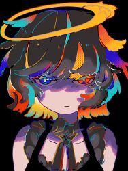 Rule 34 | 1girl, bare shoulders, black background, black shirt, blue eyes, blue hair, closed mouth, colored inner hair, commentary, frilled shirt, frills, grey hair, grey ribbon, halftone, halo, heterochromia, highres, long bangs, looking at viewer, machigami yoh, medium hair, multicolored hair, neck ribbon, no nose, orange eyes, orange hair, original, ribbon, shaded face, shirt, simple background, sleeveless, sleeveless shirt, solo, streaked hair, upper body