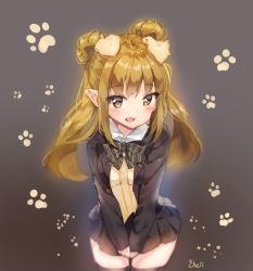 Rule 34 | 1girl, animal ears, player character (mabinogi), black jacket, black skirt, blazer, blush, bow, bowtie, brown background, brown bow, brown bowtie, brown eyes, character request, cheli (kso1564), collared shirt, commentary request, dog ears, double bun, fang, hair bow, hair bun, jacket, light smile, long hair, long sleeves, looking at viewer, mabinogi, open clothes, open jacket, open mouth, paw print, paw print background, pleated skirt, pointy ears, shirt, skirt, sleeves past wrists, solo, sweater vest, twintails, v arms, white shirt