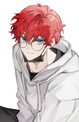 Rule 34 | 1boy, amagi hiiro, aqua eyes, bespectacled, closed mouth, commentary request, drawstring, earrings, ensemble stars!, glasses, highres, hood, hood down, hoodie, jewelry, korean text, looking at viewer, male focus, mask, mouth mask, nong 345, red hair, round eyewear, short hair, simple background, solo, white background, white hoodie
