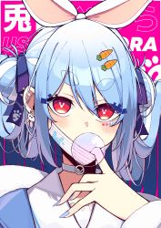 Rule 34 | 1girl, absurdres, animal ears, blue hair, blue nails, blowing bubbles, carrot hair ornament, chewing gum, choker, commentary, double bun, ear piercing, facial mark, food-themed hair ornament, hair bun, hair ornament, hand up, highres, hololive, long hair, looking at viewer, mask, mask pull, mouth mask, nail polish, piercing, pink background, rabbit ears, red eyes, solo, surgical mask, thick eyebrows, unexistarts, upper body, usada pekora, usada pekora (casual), virtual youtuber, white mask