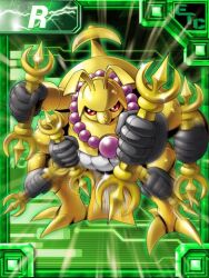 Rule 34 | 1boy, antennae, armor, attack, beetle, bug, card (medium), digimon, digimon (creature), digimon collectors, extra arms, holding, holding weapon, insect, kongoumon, looking at viewer, lowres, motion blur, official art, red eyes, simple background, solo, vajra (object), weapon
