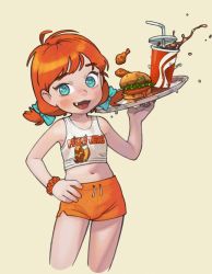 Rule 34 | 1girl, blue bow, blue eyes, blush, bow, burger, chicken (food), child, crop top, cropped legs, cup, disposable cup, drinking straw, fang, female focus, flat chest, food, hair bow, hand on own hip, heart, heart-shaped pupils, highres, hooters, lettuce, low twintails, midriff, navel, open mouth, opossumachine, orange hair, orange shorts, pickle, raised eyebrow, scrunchie, shorts, soda, solo, symbol-shaped pupils, tray, twintails, waitress, wendy&#039;s, wendy (wendy&#039;s), wrist scrunchie