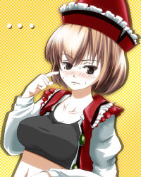 Rule 34 | 1girl, bad id, bad pixiv id, blush, breasts, brown eyes, brown hair, crop top, female focus, hat, highres, ikkei dou, lyrica prismriver, midriff, shirt, short hair, solo, sports bra, taut clothes, taut shirt, touhou