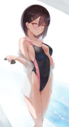 1girl absurdres backlighting black_one-piece_swimsuit blouse blush breasts brown_hair can_zhu collarbone competition_swimsuit covered_navel dripping groin hair_between_eyes hair_ornament hairclip hand_on_own_chest hands_up highleg highleg_one-piece_swimsuit highres holding legs_together looking_at_viewer off_shoulder one-piece_swimsuit open_clothes open_shirt original parted_lips pool poolside shirt short_hair sideboob small_breasts solo standing swim_cap swimsuit swimsuit_under_clothes unworn_swim_cap wet wet_clothes wet_shirt wet_swimsuit white_shirt