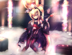 Rule 34 | 1girl, ayanami (azur lane), azur lane, bare shoulders, black jacket, black shorts, blonde hair, blurry, blurry background, blush, brown pantyhose, commentary request, crop top, depth of field, electric guitar, glint, guitar, hair between eyes, headgear, headpiece, headset, high ponytail, highres, holding, holding instrument, instrument, jacket, jewelry, kpan (kpan123456), long hair, long sleeves, music, open fly, pantyhose, parted lips, playing instrument, ponytail, red eyes, ring, short shorts, shorts, sidelocks, smoke, solo, stage, very long hair, wedding band, wide sleeves